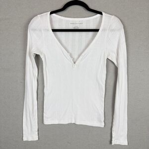 Y2k Womens Sz S American Eagle Long Sleeve Waffle Knit White Shirt Henley *flaw